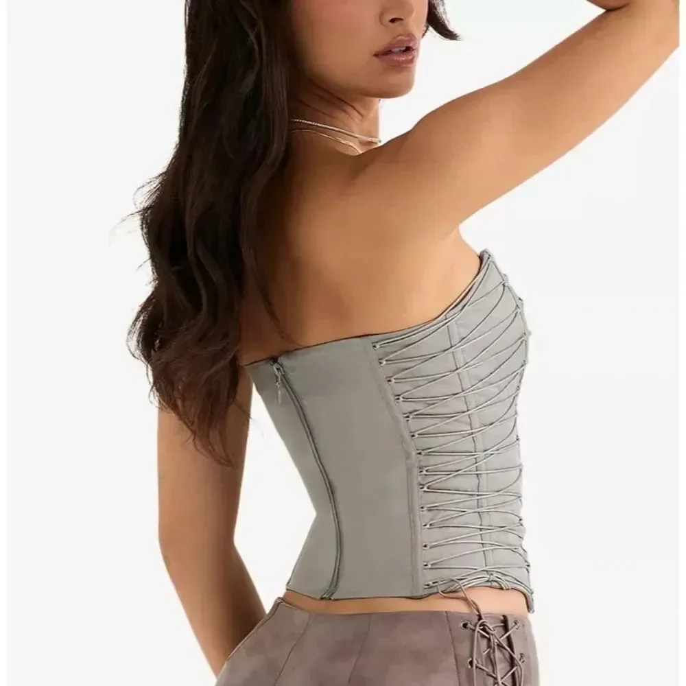HOUSE OF CB Mirabelle Lace-Up Cotton-Blend Corset Top in ‘Smoke’